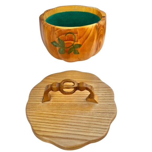 Don Bacigalup Handcrafted Wooden Lidded Bowl Felt Lining & Leaf Design Marked - Picture 2 of 11